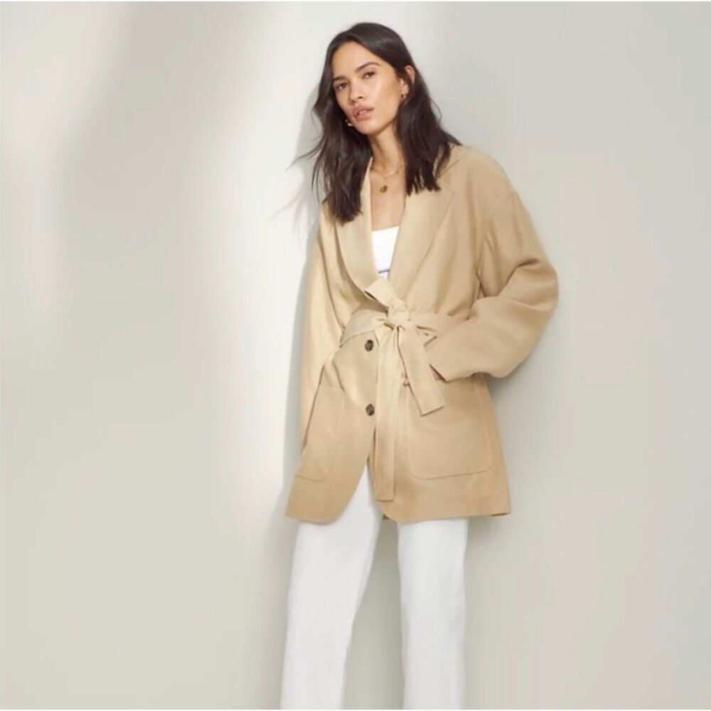 Aritzia Wilfred Novella Oversized Belted Jacket Size Large Beige Linen Blend